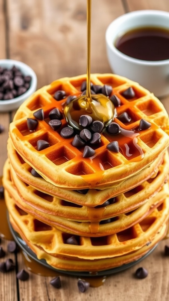 A stack of delicious Keto Chocolate Chip Waffles with chocolate chips and syrup on a rustic table.